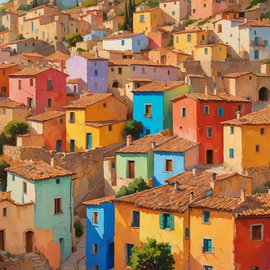 Impressionist Village with Rainbow Colors in Gouache Style