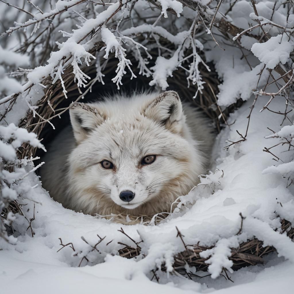 Arctic Fox Nesting in Snow: Wildlife Photography Close-Up
