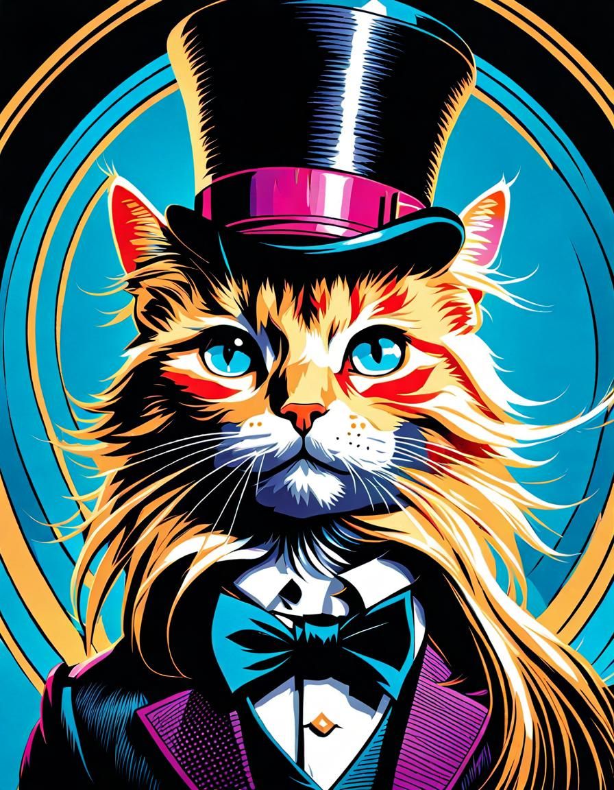 Cat in Tophat Fashion Portrait in Pop Art Style