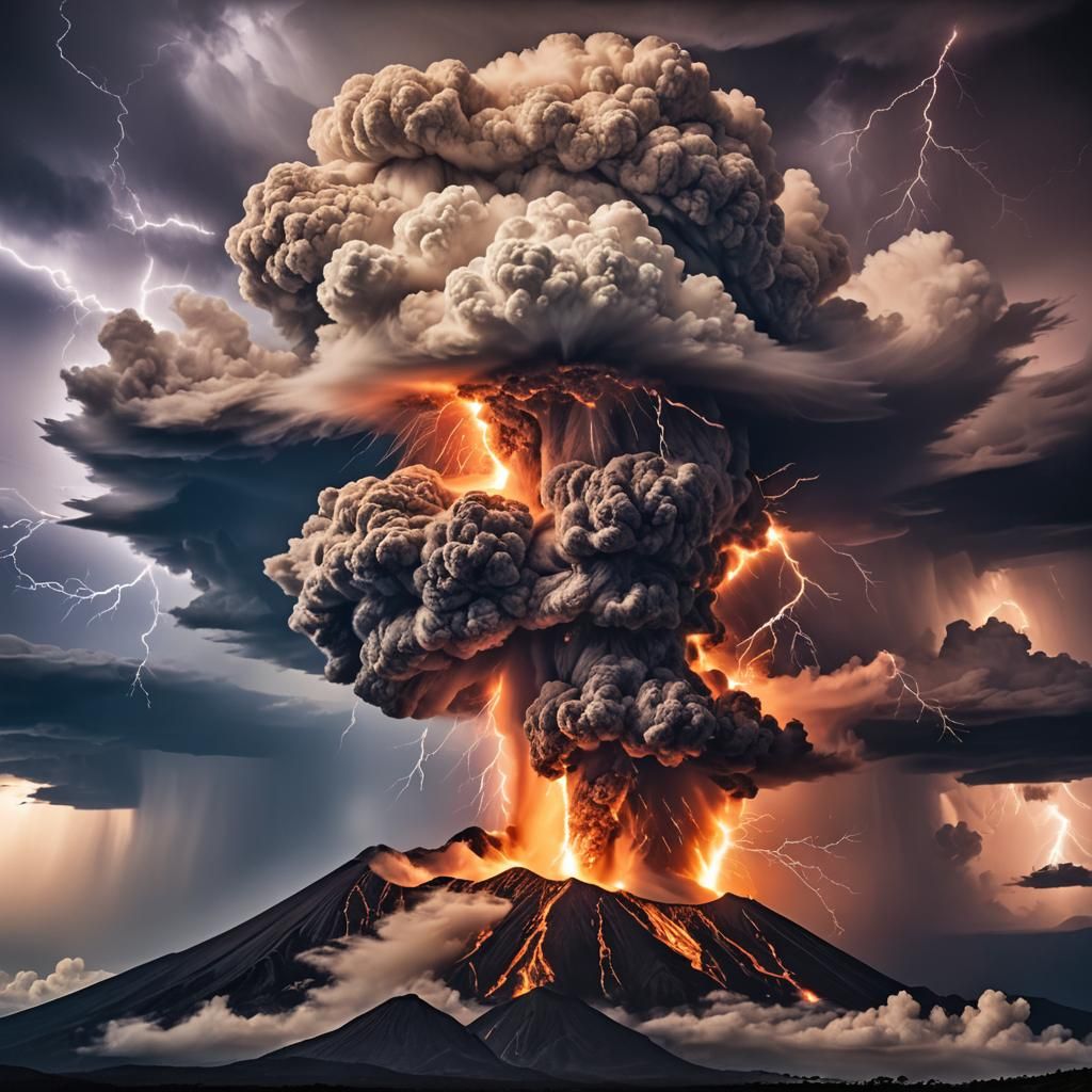 Volcanic Eruption with Lightning-Lit Anvil Cloud