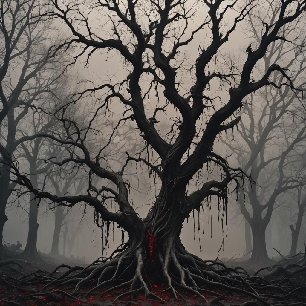 Eerie Dystopian Tree Uproots Itself in Misty Landscape