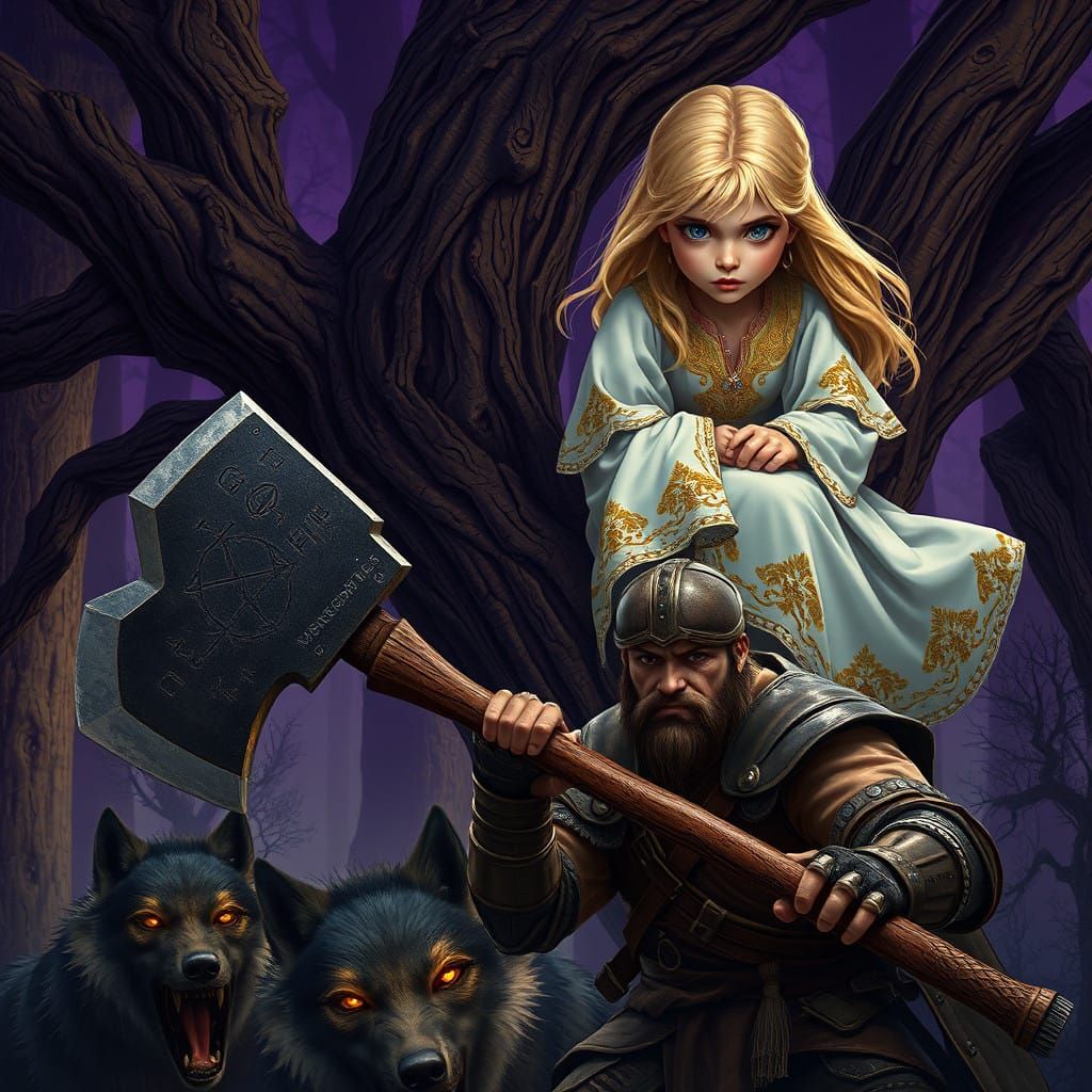 Fearful Girl Surrounded by Wolves in Dark Fantasy Landscape