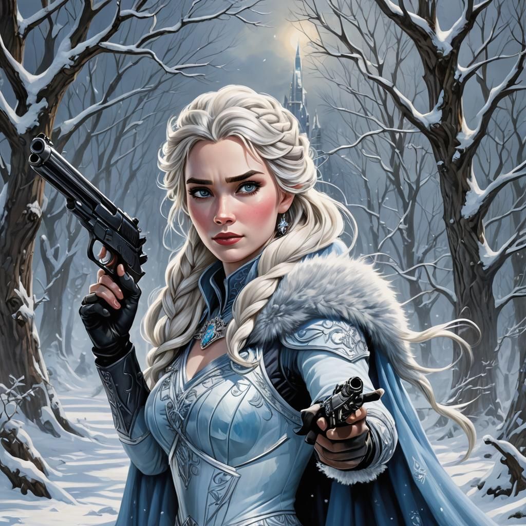 Ice Queen with Gun in Winter Landscape