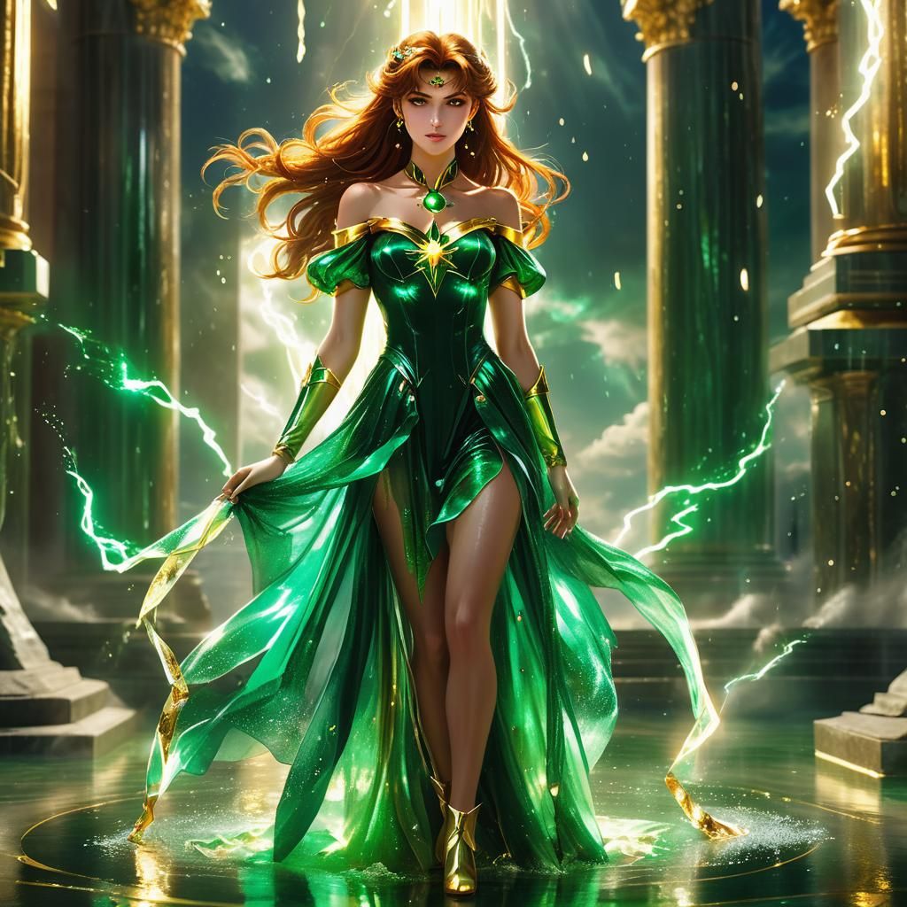 Sailor Jupiter in Temple with Emerald Crystals
