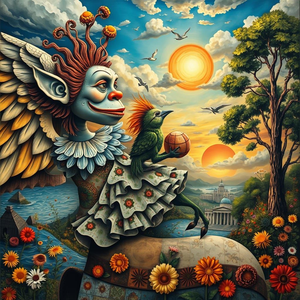 Whimsical Clown Angel and Gorilla in Hundertwasser Style