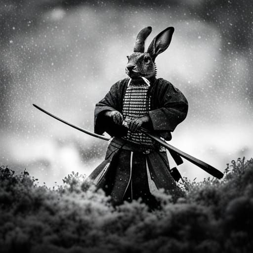 Rabbit Samurai in Snowy Battle: Japanese Ink Painting