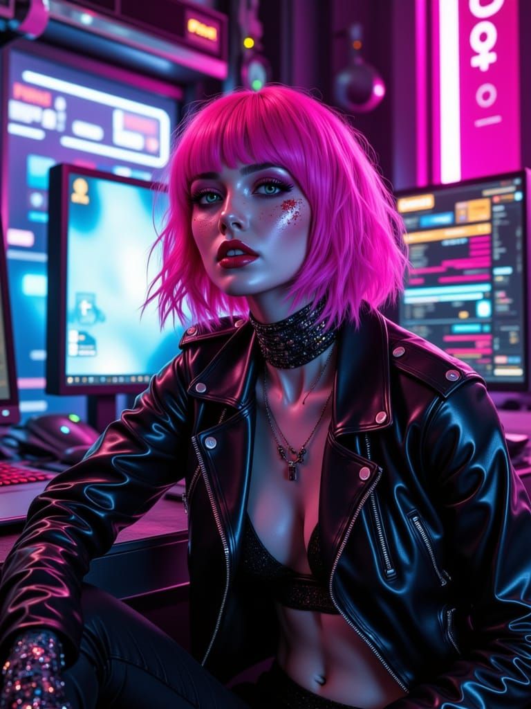 Portrait of cyberpunk woman silver eyes pink hair in black a...
