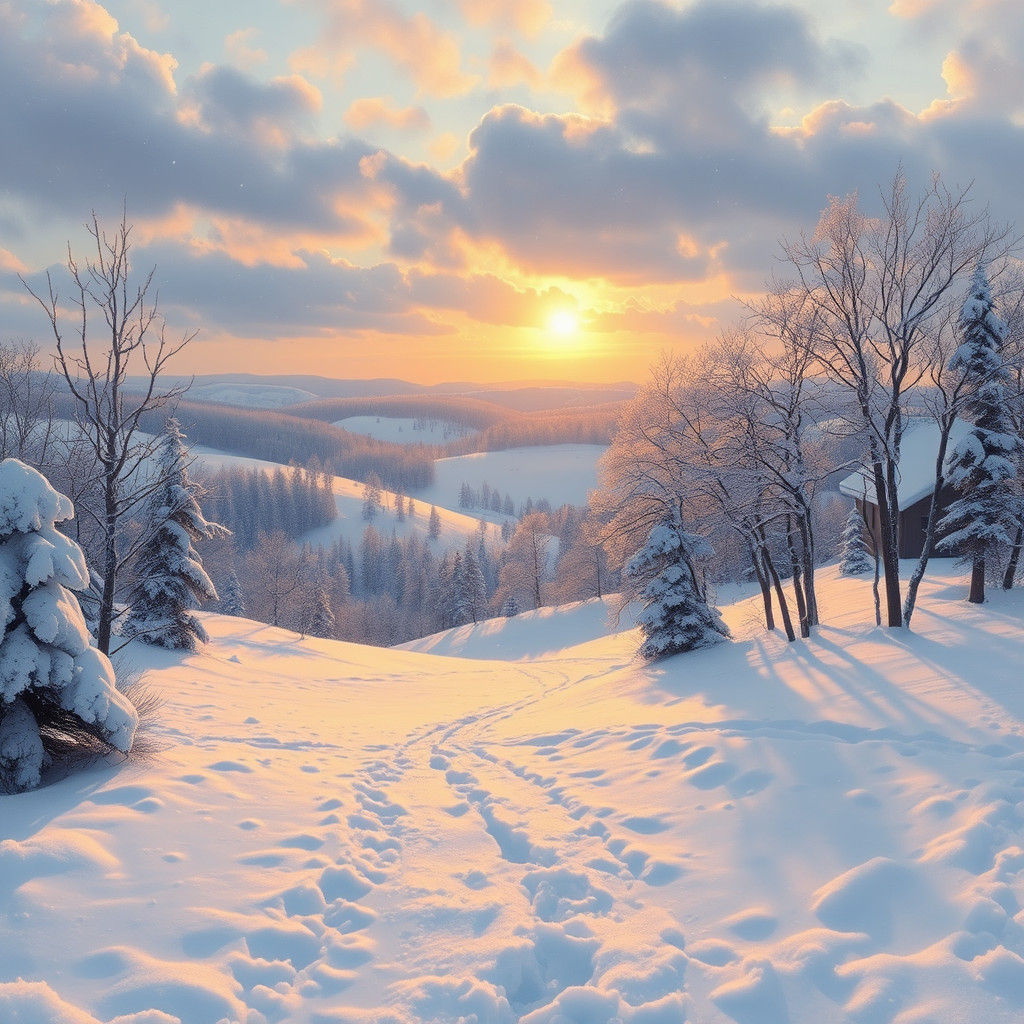 Idyllic Winter Landscape with Snow-Covered Hills