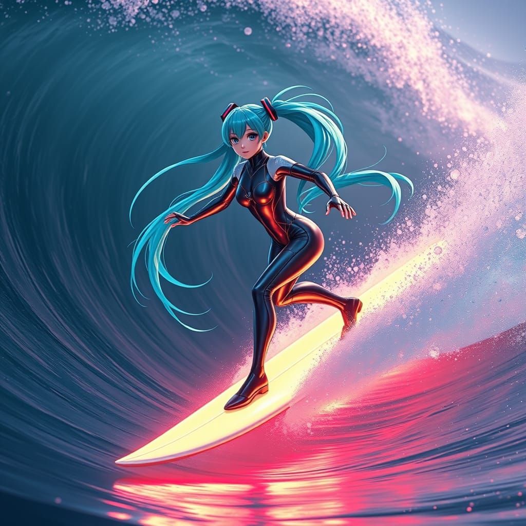 Miku Hatsune Riding a Glowing Wave in Hyperrealistic Style