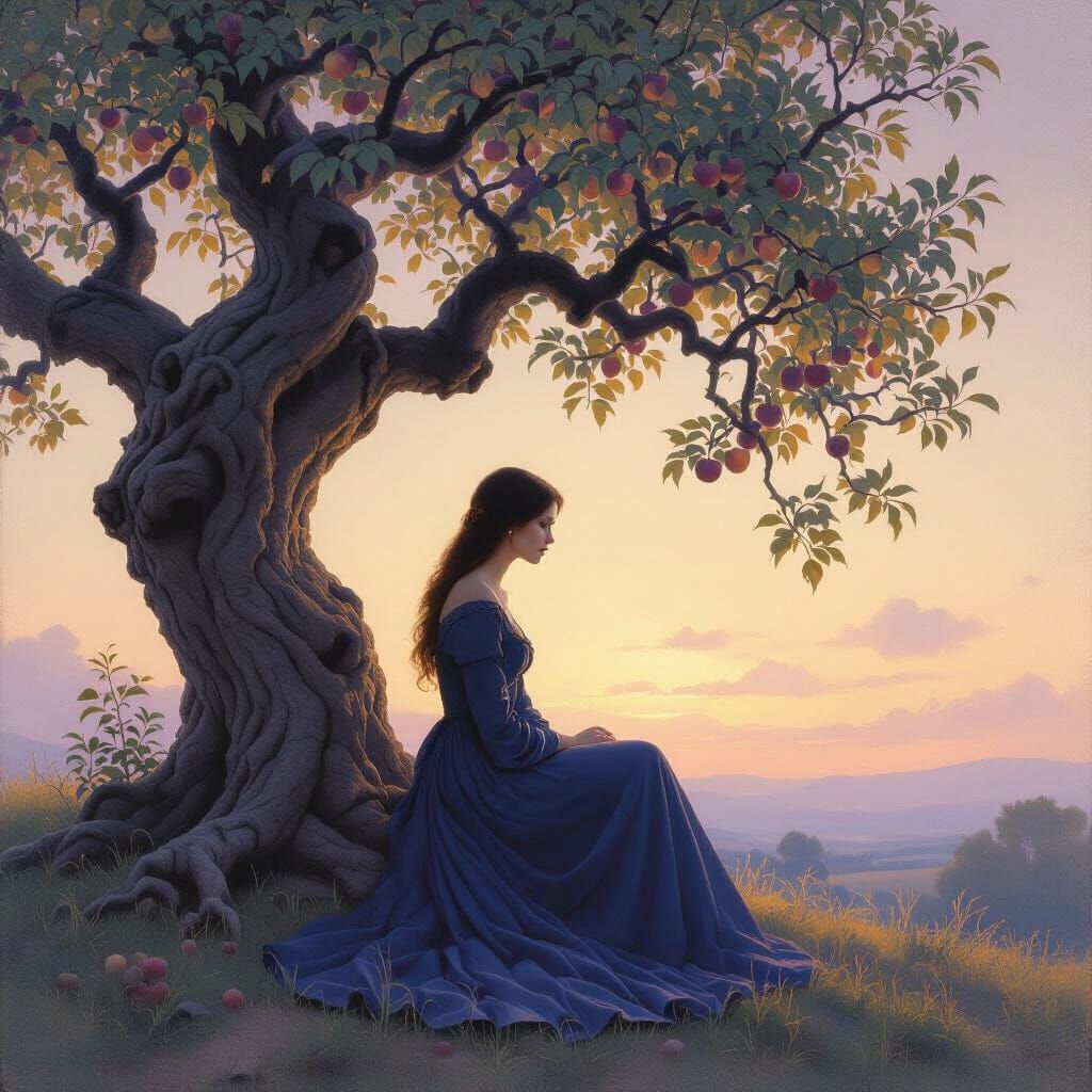 Woman Contemplating Twilight Under Ancient Apple Tree