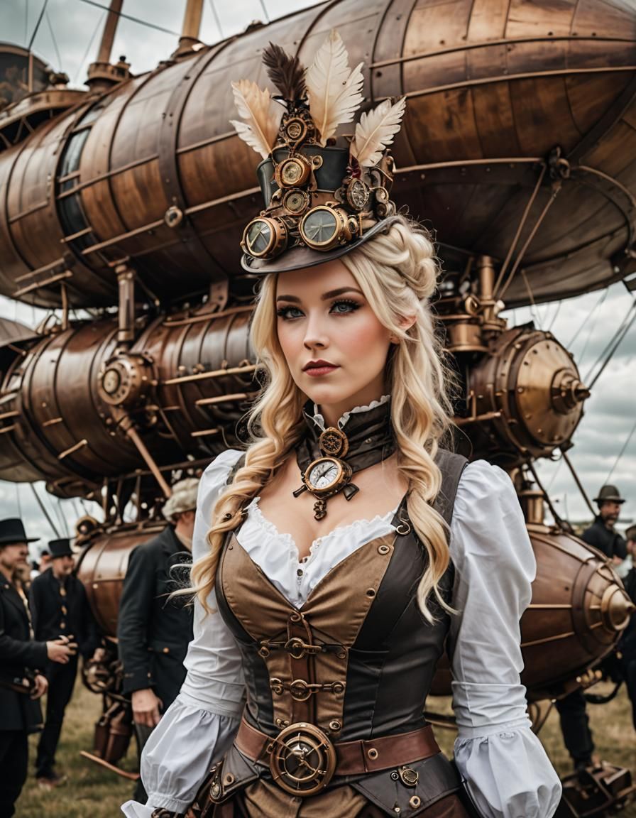 Steampunk Lady with Airship in Retro-Futuristic Style