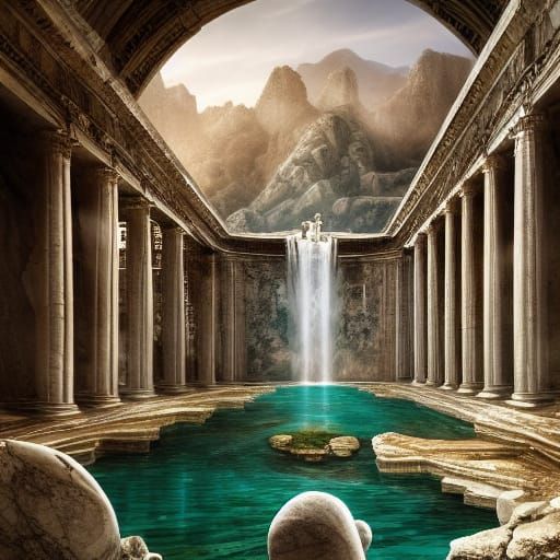 Roman Marble Godbaths in Vast Fantasy Landscape