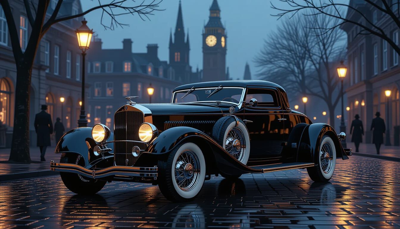 Imagine a futuristic luxury Hot Rod car from the 1930s, glea...