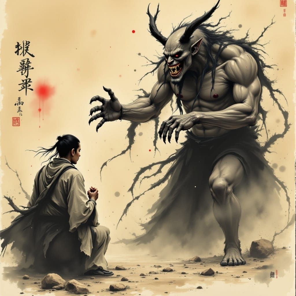 Bunraku Demon Confronts a Humble Priest in Japanese Ink Brus...