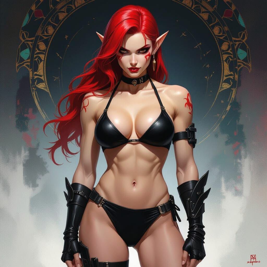 Sinister Red Skull Elf Woman in Hyperrealistic Style