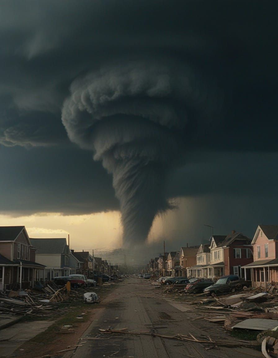Tornado Devastation in Small Town: Cinematic Film Still