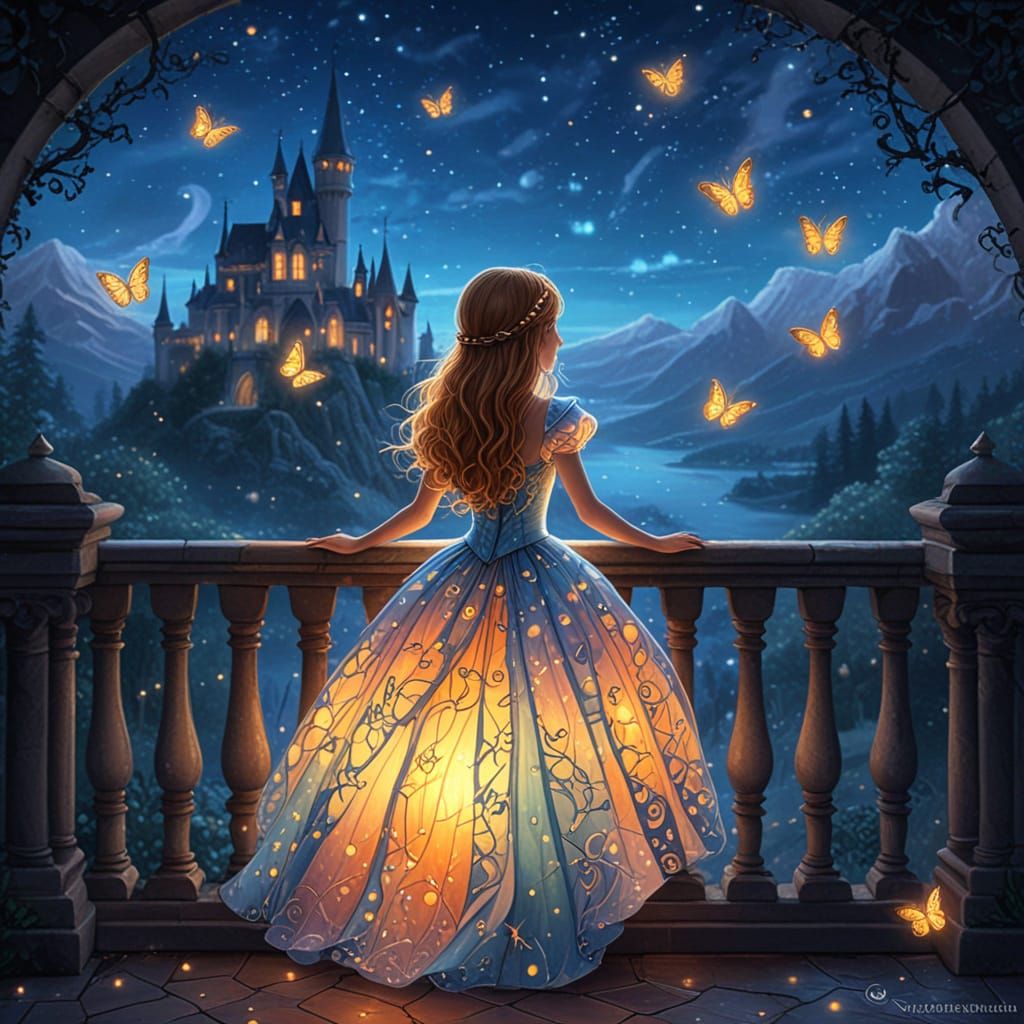 Magical Princess in Stained Glass Dress with Fireflies