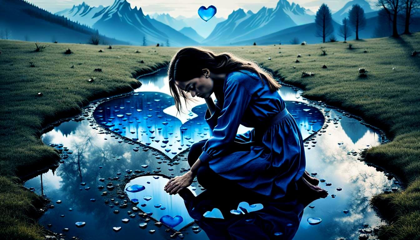 Melancholic Woman Surrounded by Heart Tears