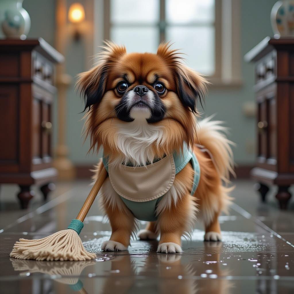Hyperrealistic Pekingese Dog Mop in Cinematic Lighting