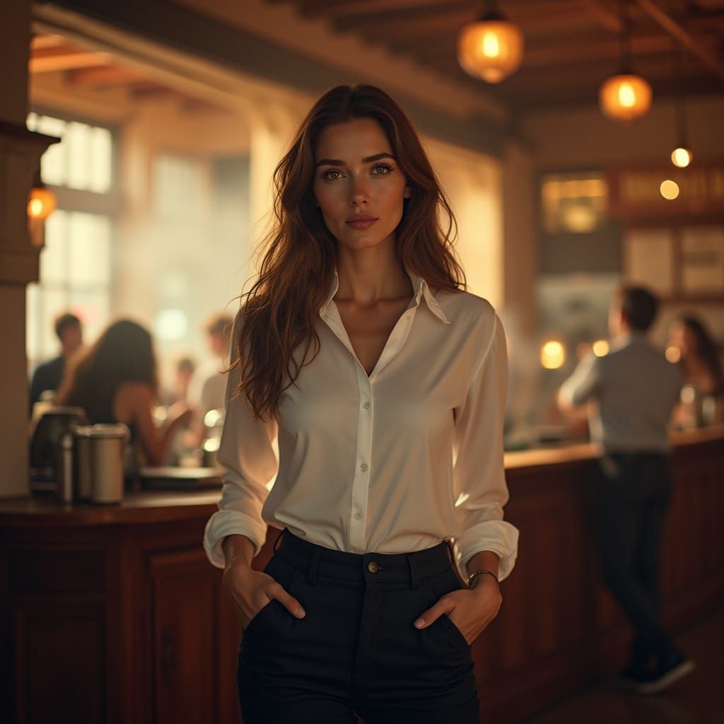 Woman in Coffee Shop: A Photorealistic Portrait