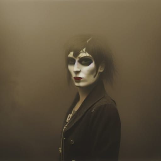 Goth Model Amidst Giant Dogs in Neon-Lit Coffee Shop