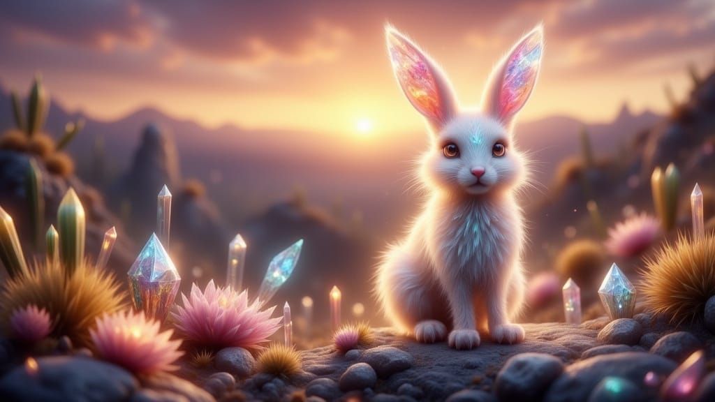 Luminous Gemstone Rabbit in Desert Sunset