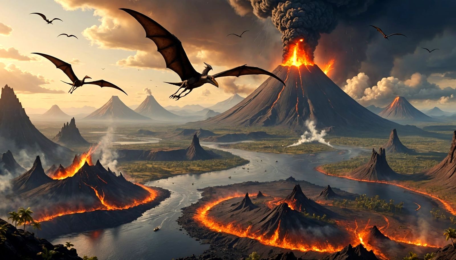 Dramatic Prehistoric Landscape with Erupting Volcanoes
