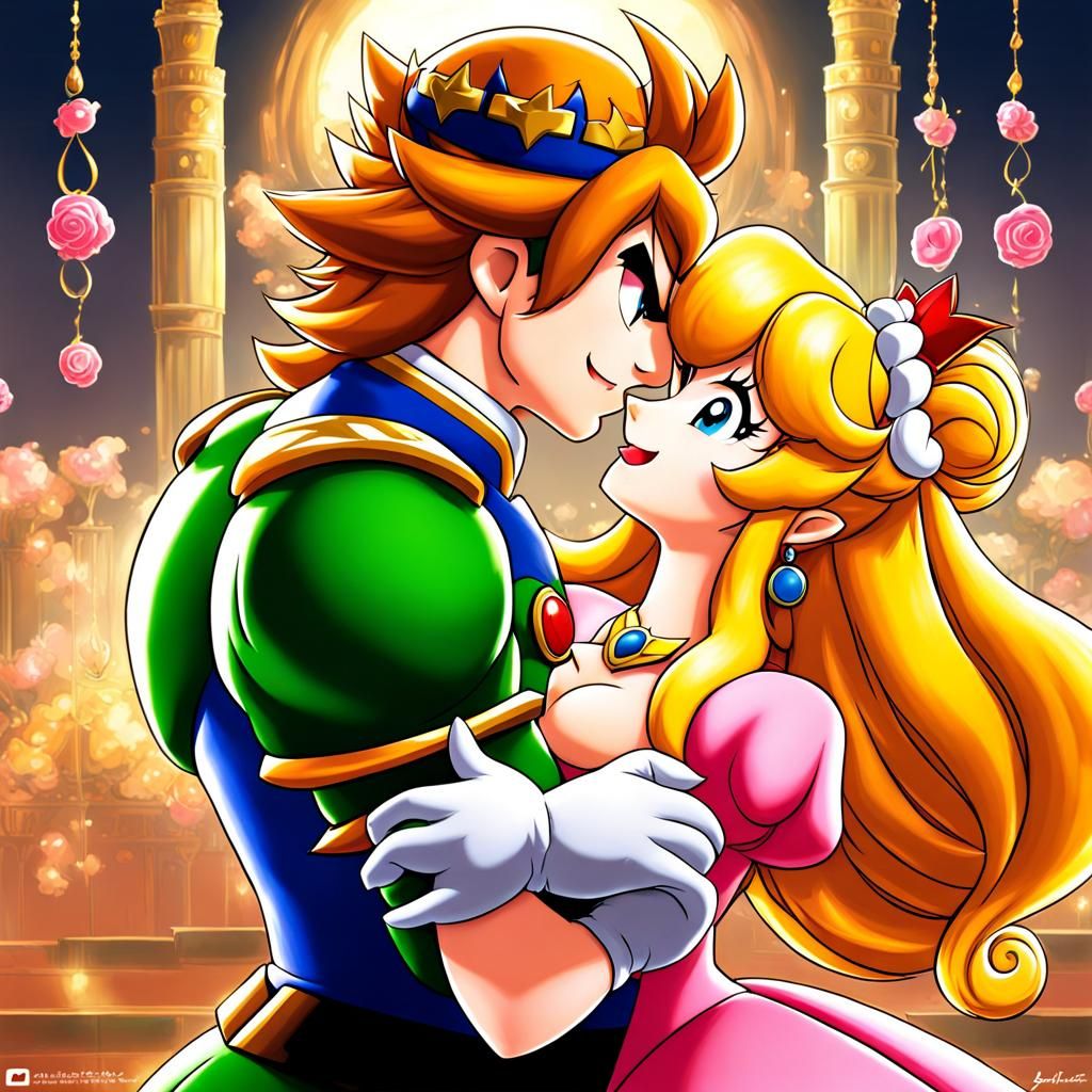 Bowser and Princess Peach Kissing in Anime Style