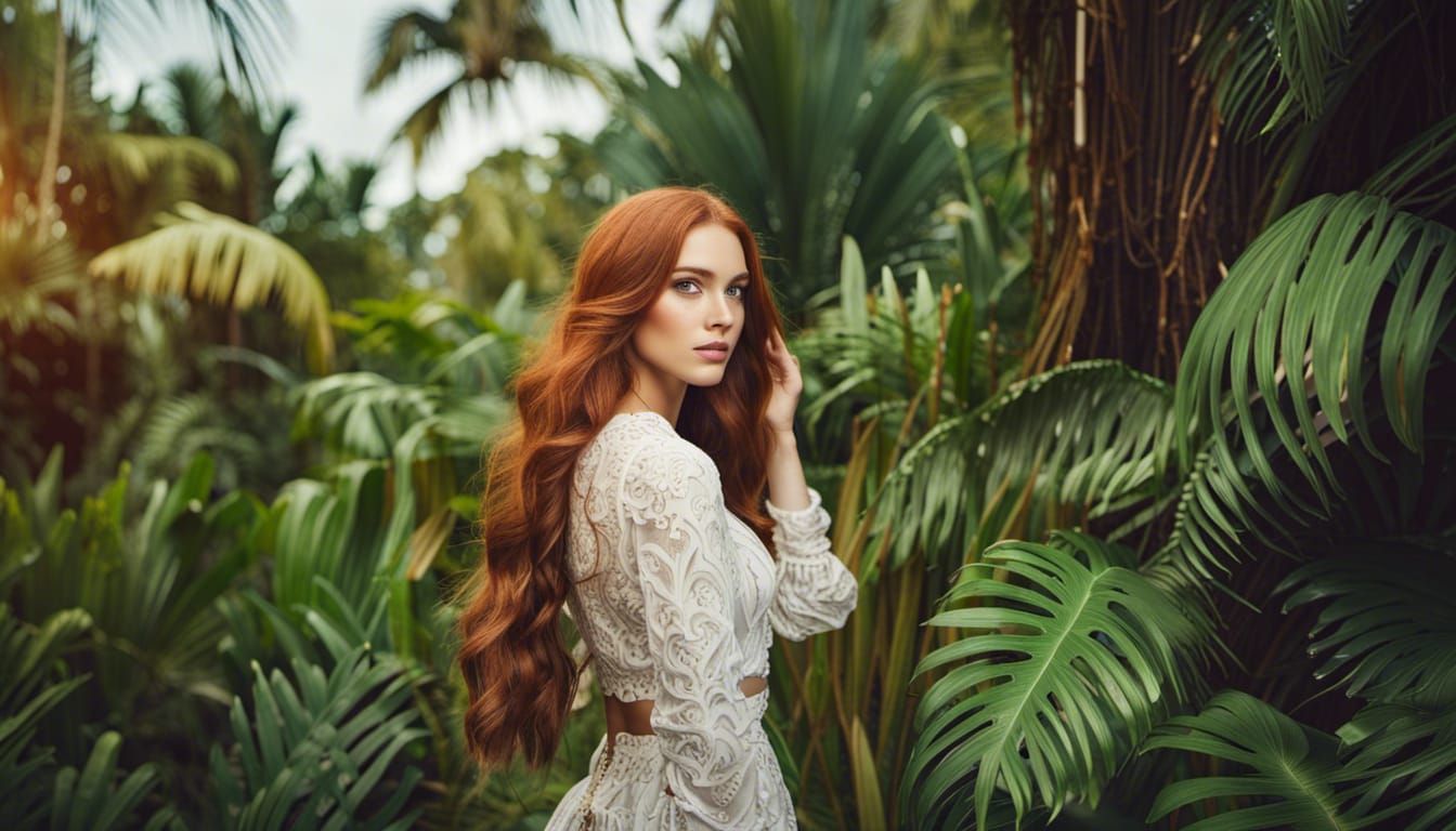 Auburn Haired Girl in Tropical Beach Landscape