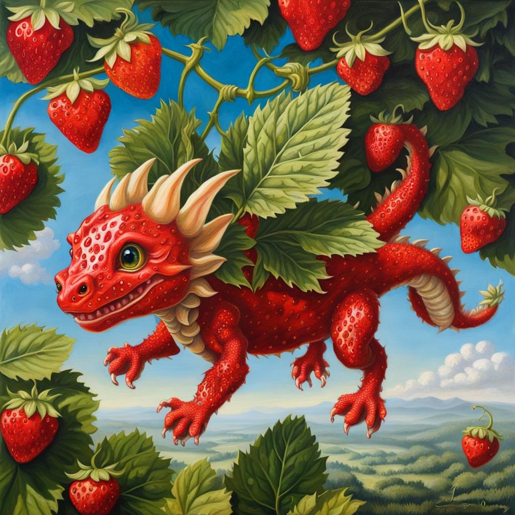 Strawberry Dragon in Strawberry Bush: Photorealistic Oil Pai...