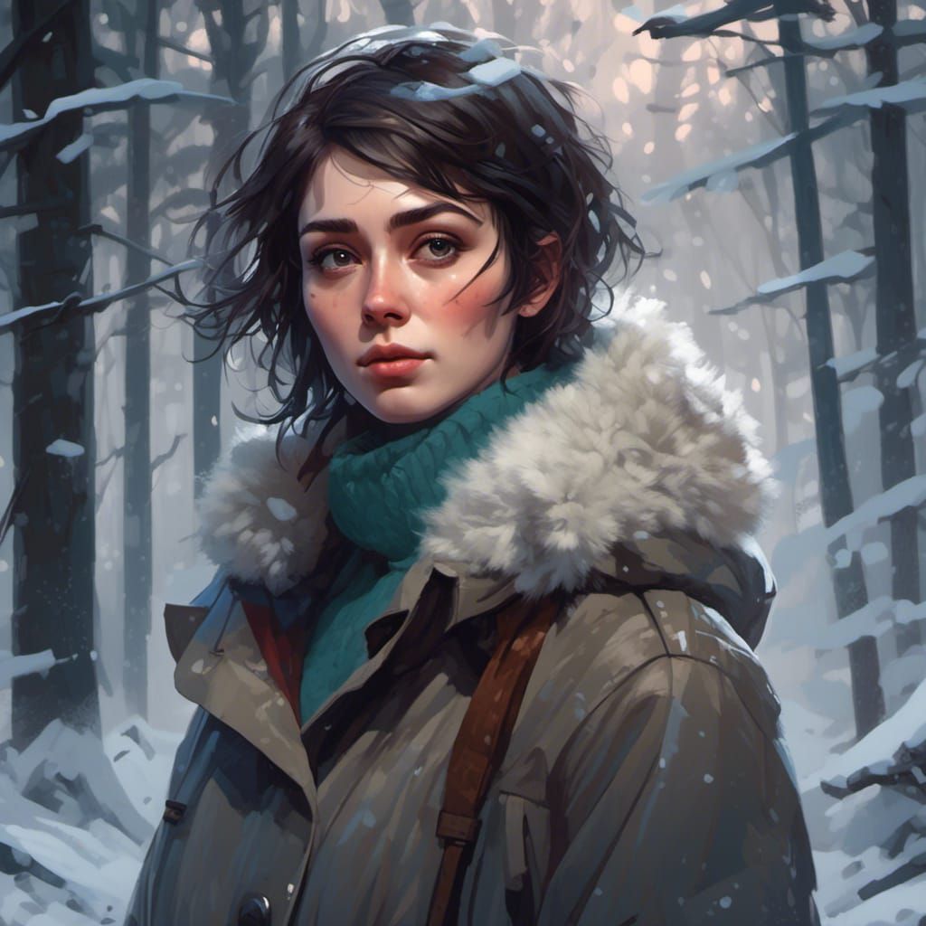 Brunette Woman in Winter Forest Portrait