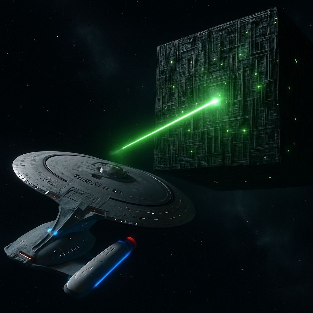 Star Trek Enterprise Confronts Borg Cube