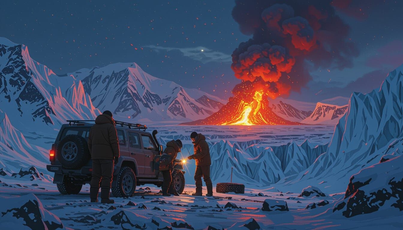 Icelandic Tire Repair Amidst Glacial Volcano