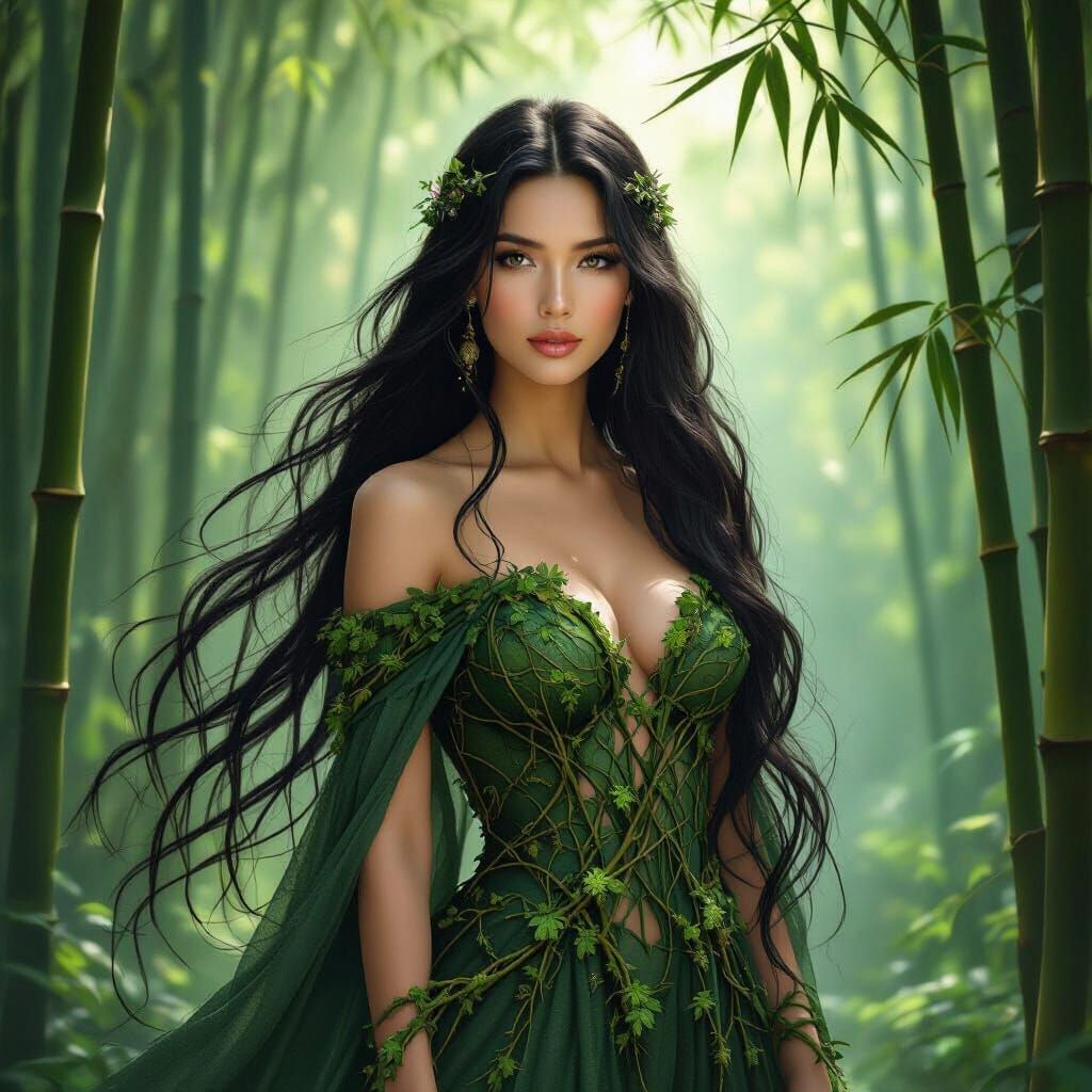 Woman in Bamboo Forest in Pre-Raphaelite Style
