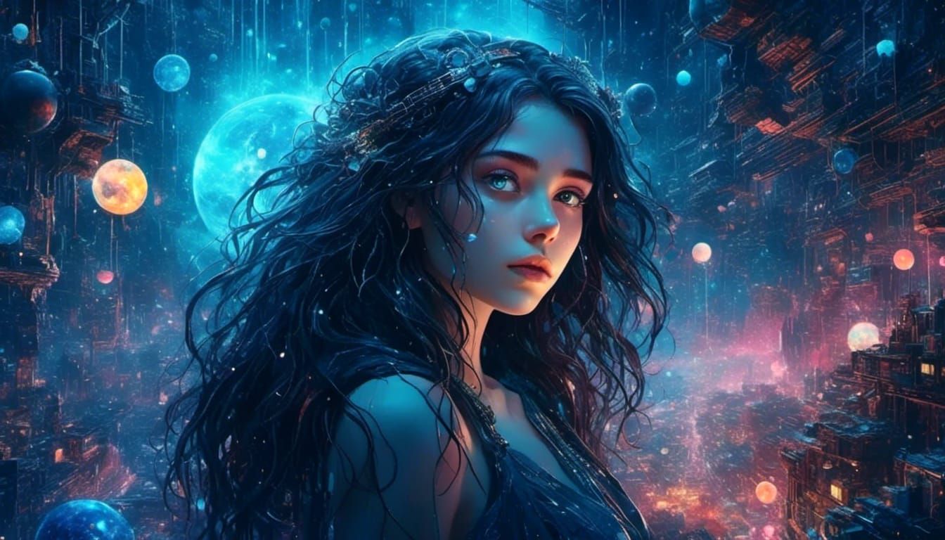 Cosmic Cyberpunk Artist Girl with Blue Eyes