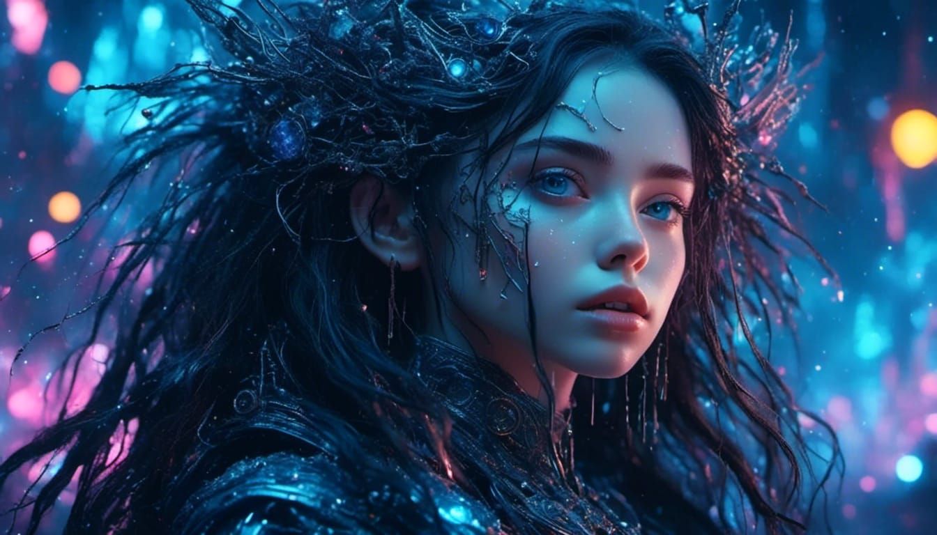 Cosmic Cyberpunk Artist Girl with Blue Eyes