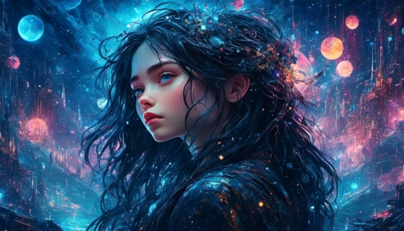 Cosmic Cyberpunk Artist Girl with Blue Eyes