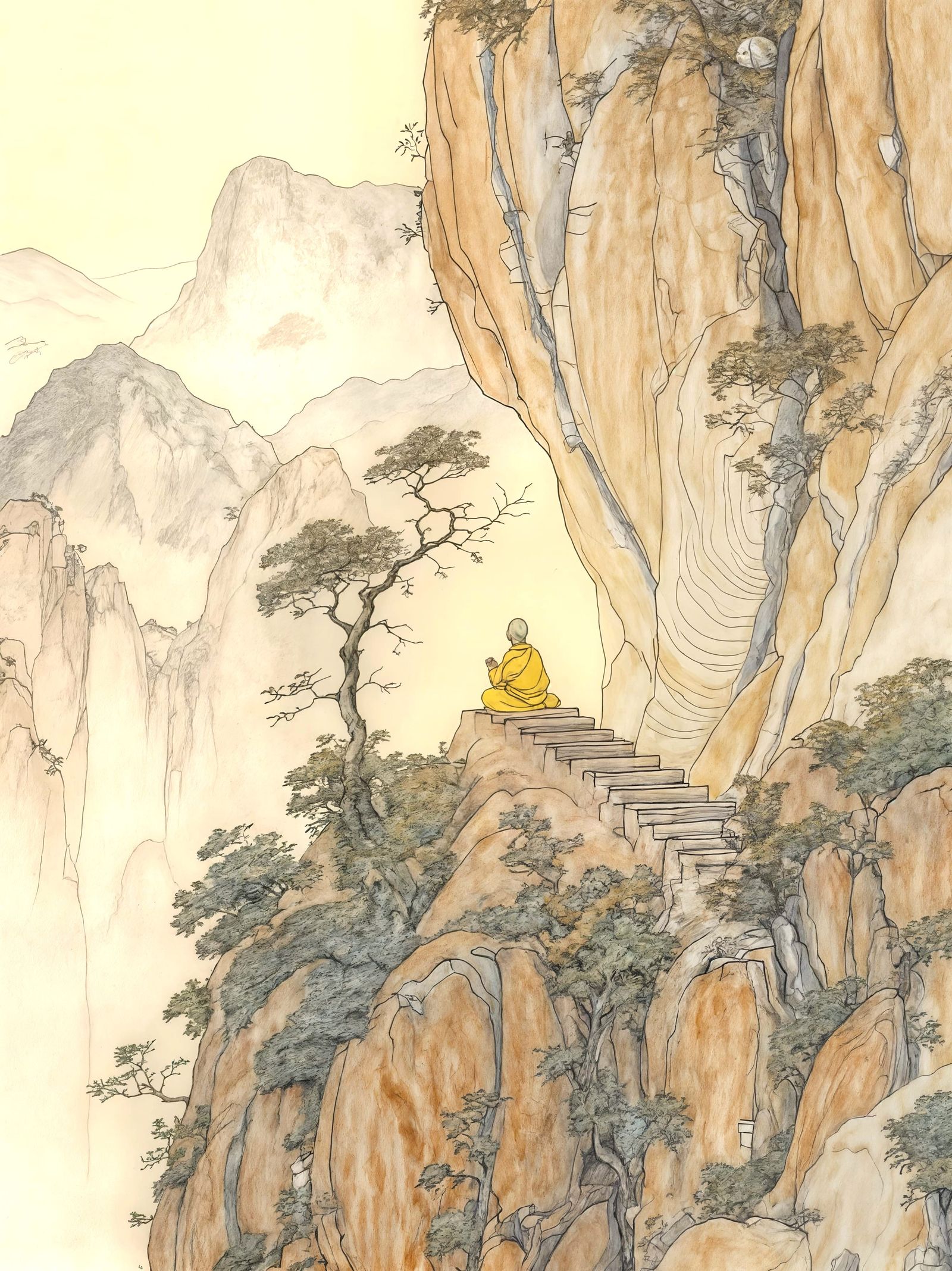 Monk Meditating on Sacred Mountain, Hand Drawn Abstract Art