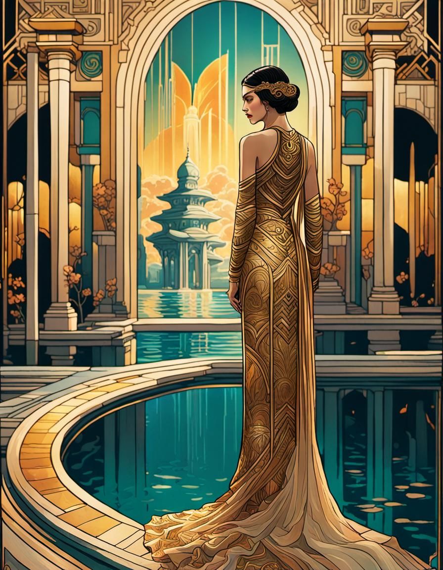 Cyberpunk Goddess in Art Deco Temple Pool