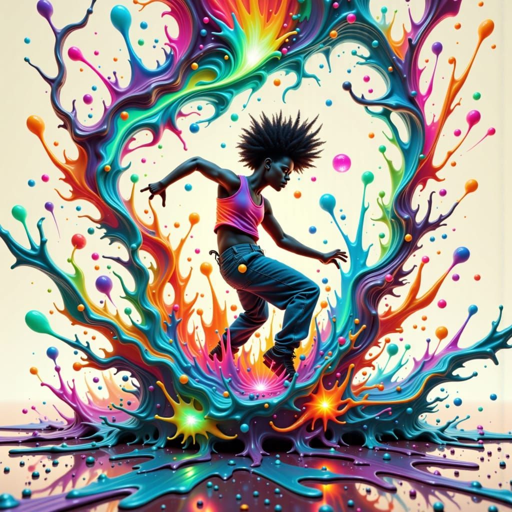 Bioluminescent Hip Hop Dancer in a Vibrant Splatter