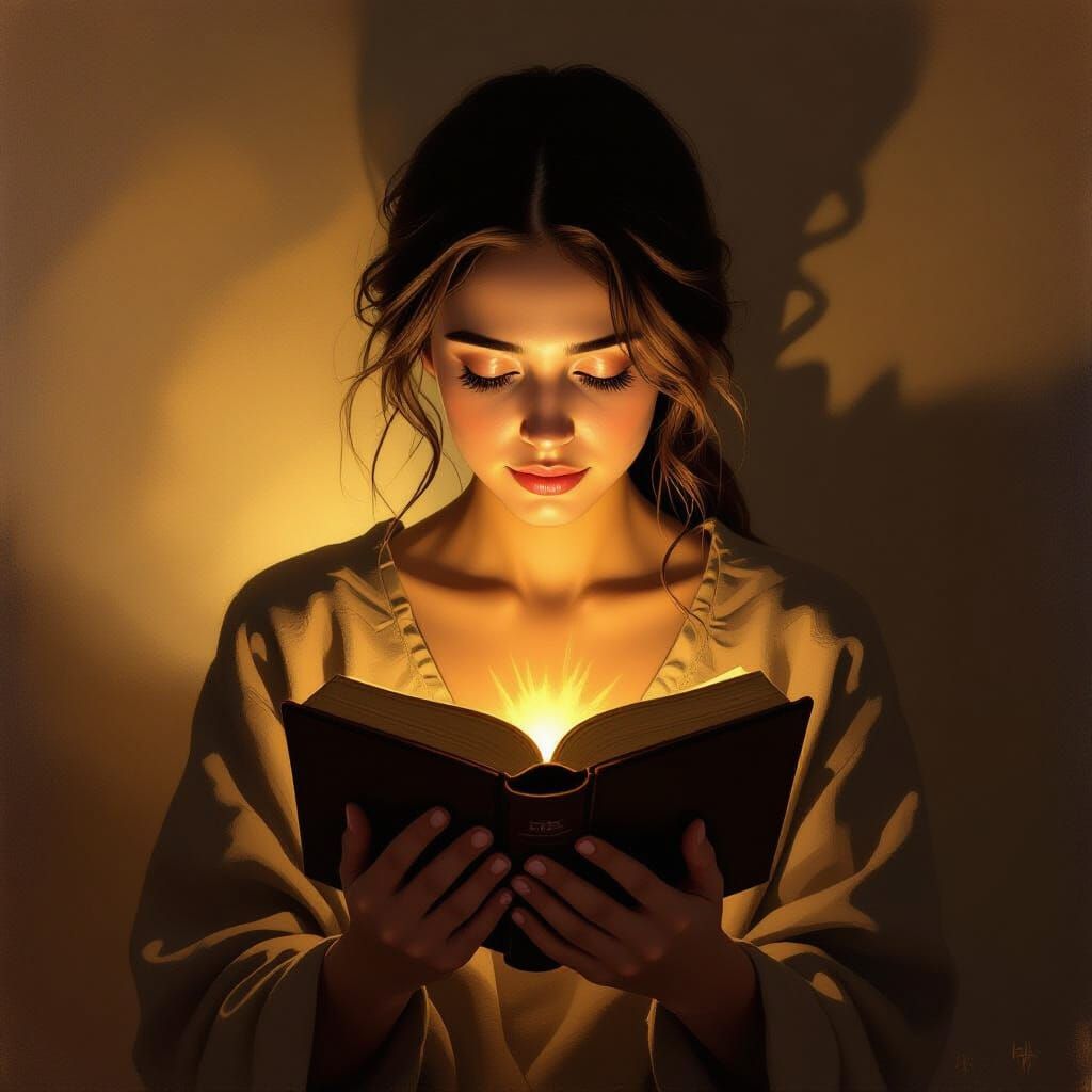 Devout Person Reading Bible in Dramatic Light