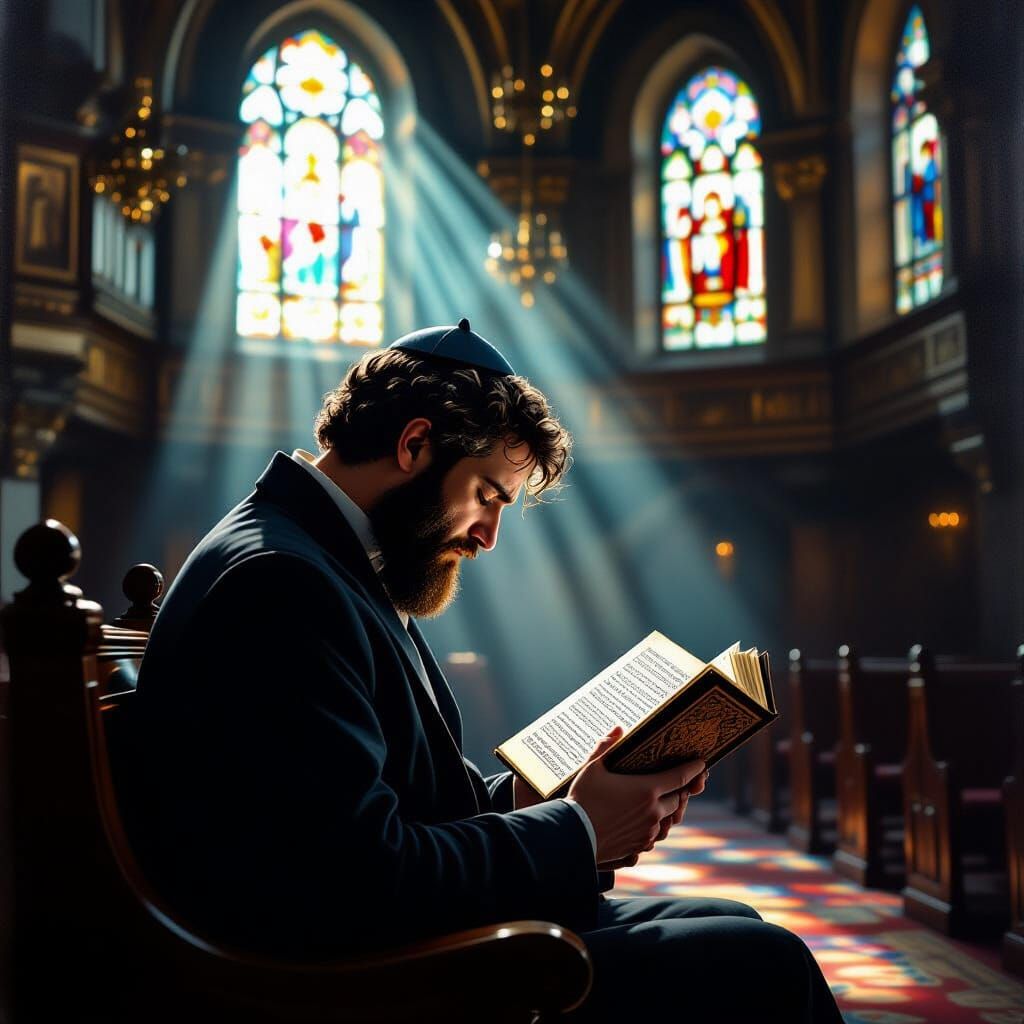 Man Crying in Synagogue Holding Prayer Book