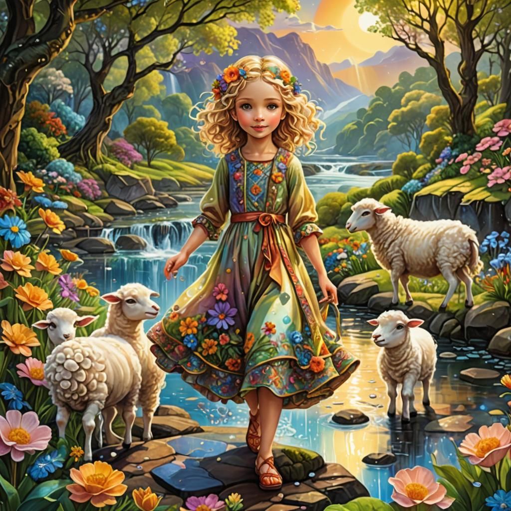Elegant Lady with Sheep in Colorful Storybook Illustration