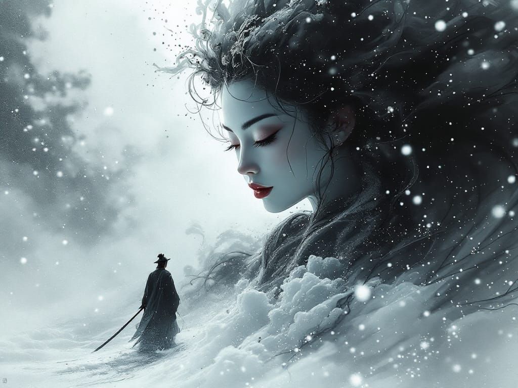Samurai and Geisha in Snow, Sumi-e Meets Neo Edo Surrealism