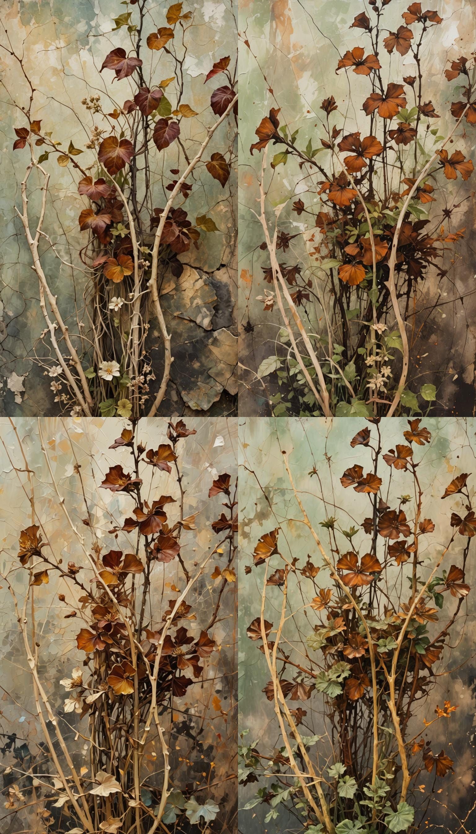 Abstract Botanical Garden with Rust Drip Oil Paint