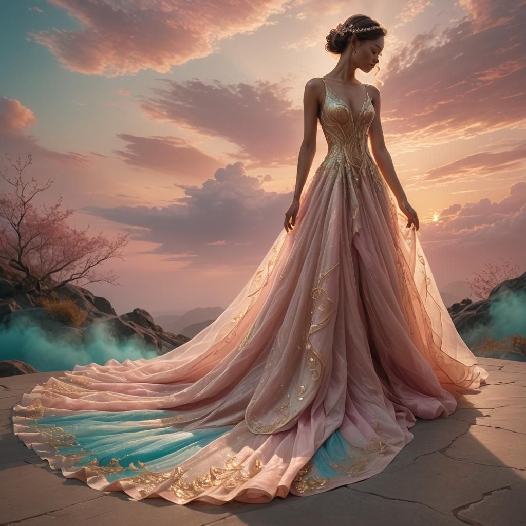 Sunset Wedding Dress: Translucent Pink and Gold Fantasy