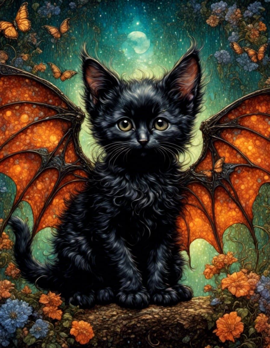 Fantasy Kitten with Bat Wings Illustration
