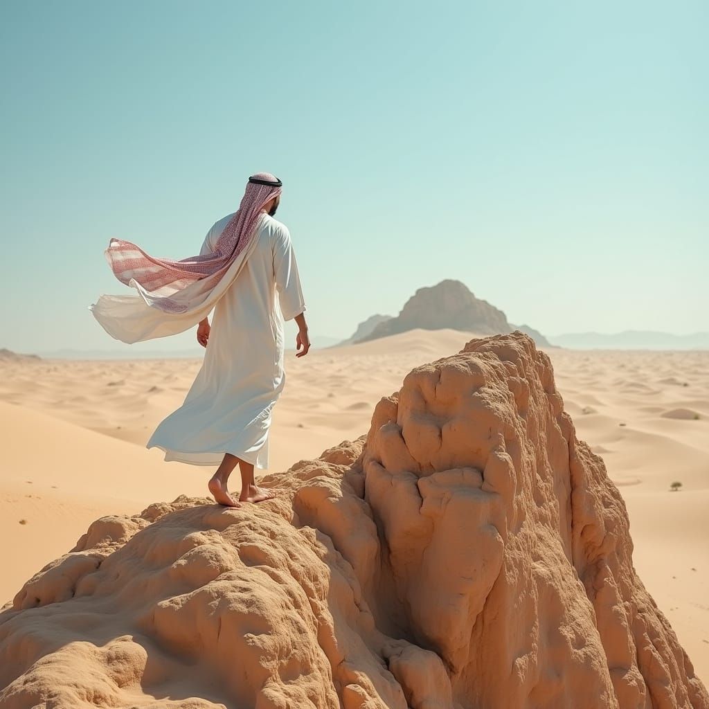 Arab Man Conquers Desert Mountain in Stylized 8K