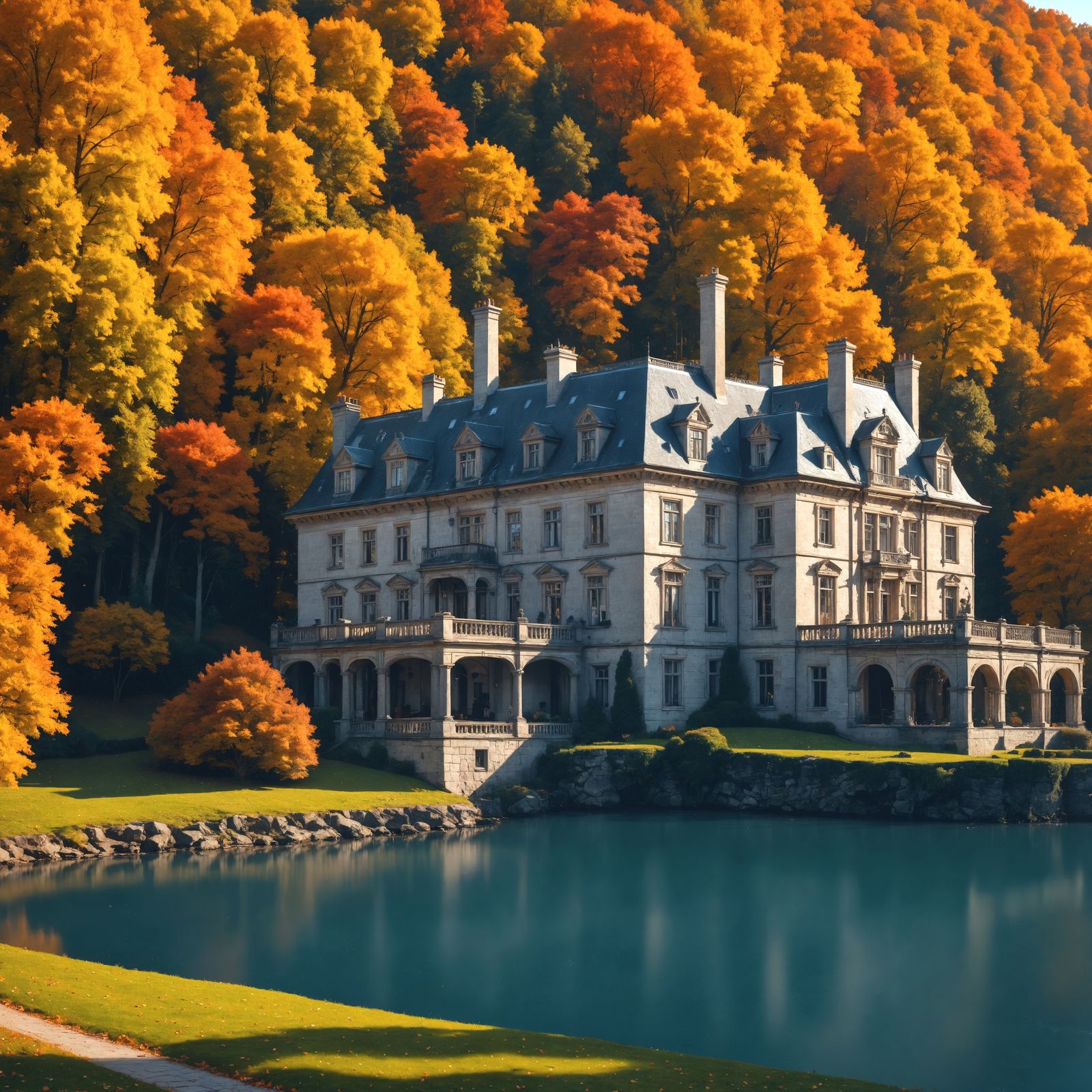 Grand Autumn Mansion by the River in Hyperrealistic Detail