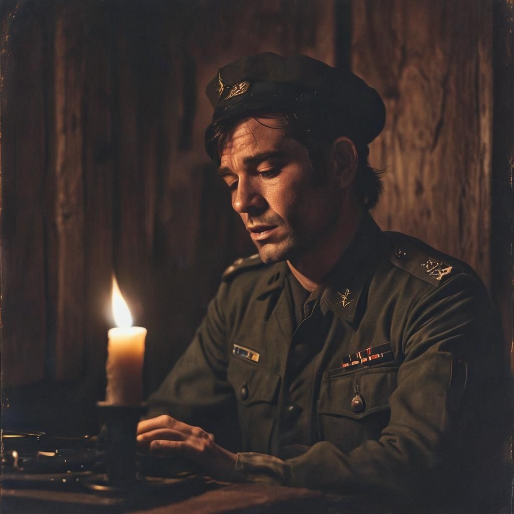 Melancholic Soldier Listening to Blues: Oil on Canvas